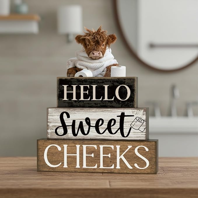 Moucuny 4 Pcs Bathroom Shelf Decor Highland Cow Farmhouse Bathroom Decor and Accessories Rustic Eucalyptus Leaves Hello Sweet Cheeks Highland Cow Sign Western Table Centerpiece for Home Office Toilet