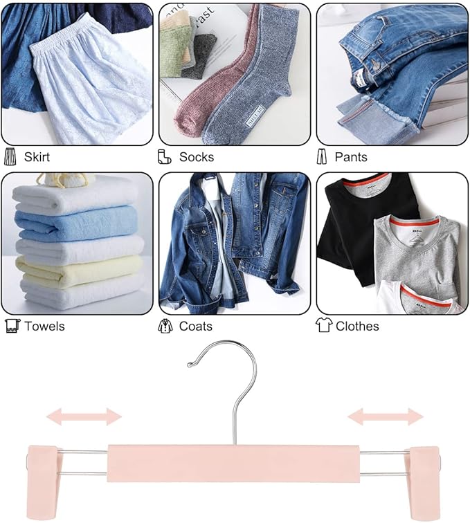 Clothes Pants Hangers, Space-Saving Skirt Holders with 360 ° Swivel Hooks, Adjustable Clips, Trouser Hangers, Clothes Coat Garment Jeans Hangers (20 Pack, Pink)