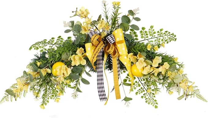 Flower Swag, 24 inch Floral Swag with Lemon, Decorative Wedding Welcome Sign with Large Bow for Wedding Arch Front Door Wall Home Decor.