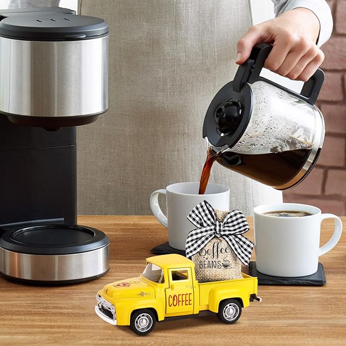 Hooqict Coffee Bar Decor Mini Metal Yellow Truck with Coffee Beans Burlap Sack for Summer Fall Home Farmhouse Kitchen Tiered Tray Decor Coffee Bar Accessories Coffee Station Decoration