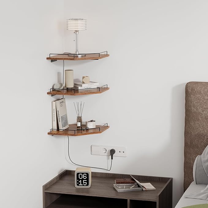 JJL Corner Shelf Wall Mounted, 12 Inches 3-Tier Floating Corner Shelf, Hexagon Rustic Wood Decor with Fence, Brown Storage Organizer for Apartment Bedroom Kitchen Bathroom
