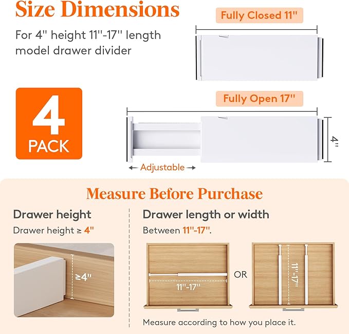 Lifewit 4 Pack 4" High Drawer Dividers 28 -43.5cm/11-17" Adjustable Kitchen Drawer Organiser, Expandable Drawer Dividers Separator for Clothes in Bedroom/Bathroom/Office Organisation & Storage White