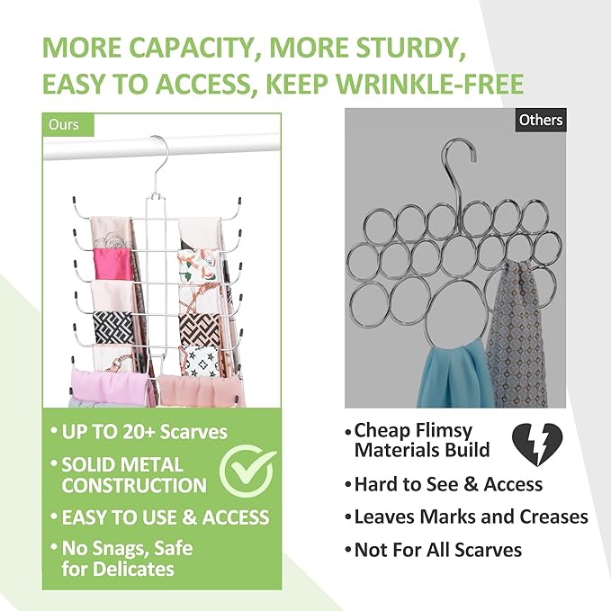 2 Pack Scarf Hanger for Closet, 40 Large Capacity Scarf Organizer, Space Saving Scarf Holder Hijab Rack Closet Organizers and Storage, Silver