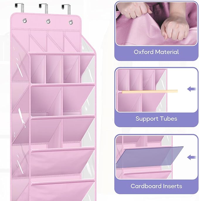 MISSLO Clear Over the Door Shoe Organizer Large Deep Pockets Hanging Shoe Rack for Closet Fit 20 Pairs Shoe Holder for Sneakers Boots Storage, Pink