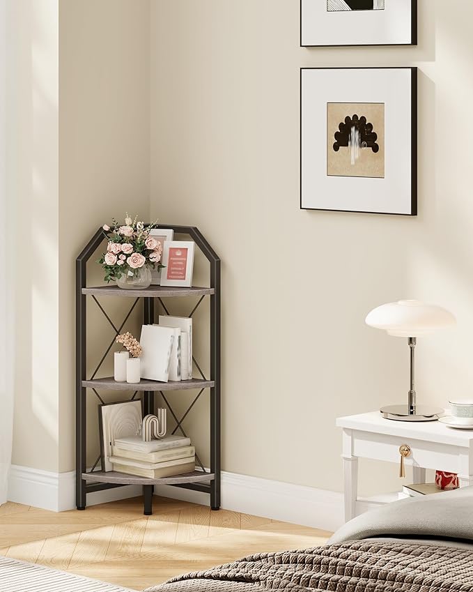 CHOEZON 3-Tier Corner Shelf, Industrial Corner Bookshelf, 35.4" Storage Stand, Plant Stand Display Shelf, Bookcase for Bedroom, Living Room, Home Office, Greige and Black TCJ03BG