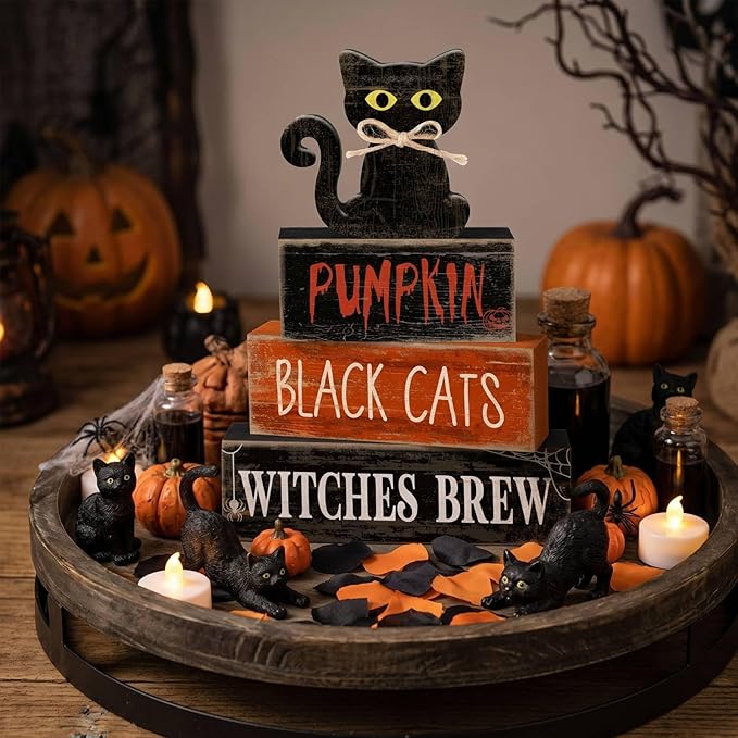 Lineshading 4 Pcs Halloween Table Decoration Black Cat Wooden Stacked Block, "Pumpkin Black Cats Witches Brew" Signs Spooky Halloween Tiered Tray Decor Rustic Gothic Centerpiece for Home Coffee Bar