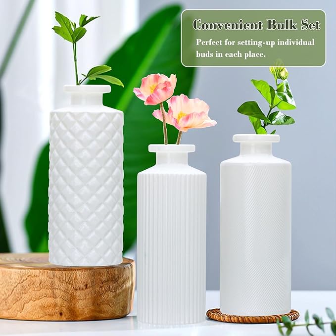 Brajttt Glass Bud Vase Set in Bulk, 9pcs Mini Vintage Flower Vases for Wedding,White Relief Vase for Centerpieces,Home Table Flower Decor, Party Decorations