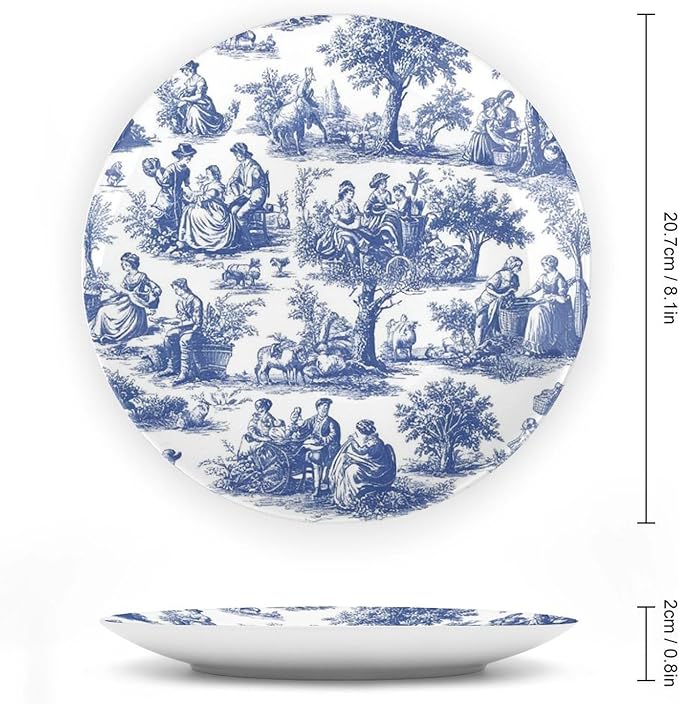 Navy Blue White Decorative Toile Print Decorative Plate of 6", 7", 9", 10", Customize Design Collector Plates, Kitchen Art Decoration Decorations Office, Unique Art with Stand