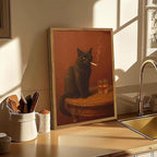 Framed Funny Black Cat Wall Art, Vintage Moody Cat Pictures Wall Decor, Humor Cool Animal Paintings Canvas Prints for Living Room Bedroom Bathroom Bar 12x16 inch
