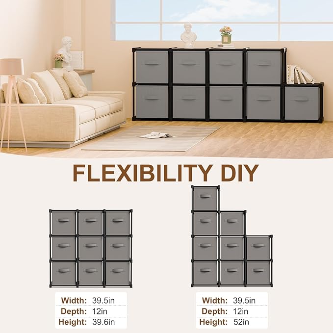9 Cube Storage Organizer with Shelf Back to School Boxes 11 Inch Toy Storage Bins Closet Organizers Drawers Fabric Dresser for Playroom Books Bedroom Dorm Kitchen (Grey)