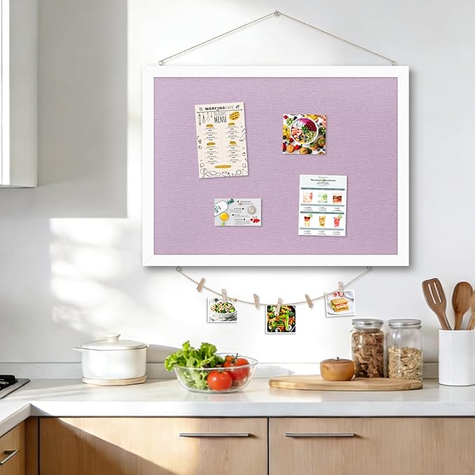 DOLLAR BOSS Bulletin Board with Linen Double-Sided 30" x 20" Linen Cork Boards for Walls Picture Display Vision Board for Office Home School Framed Picture Pin Board, 20 Pushpins 10 Clips, Purple