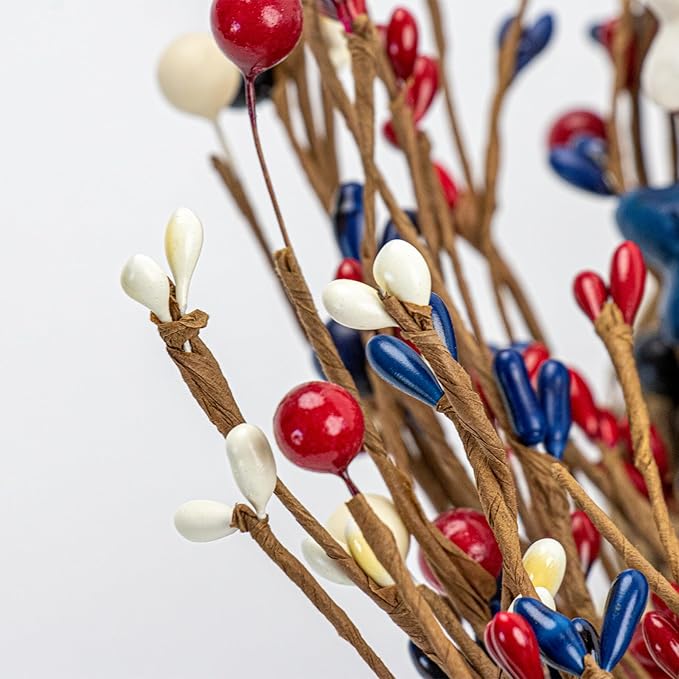 NeoL'artes 20inch Patriotic Wreaths for Front Door, 4th of July Pip Berry Grapevine Wreath White Blue Stars and Berries, Independent Day Porch Door Window Decor