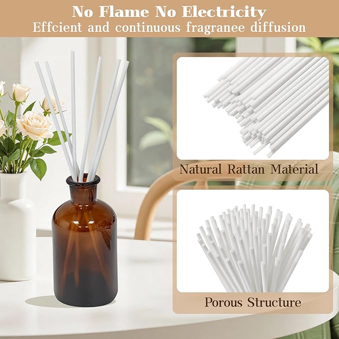 10inch Diffuser Replacement Sticks - 60Pcs White Fiber Reed Fragrance Sticks Refill for Home and Bathroom - Rattan Essential Oil Sticks for Scented Diffuser