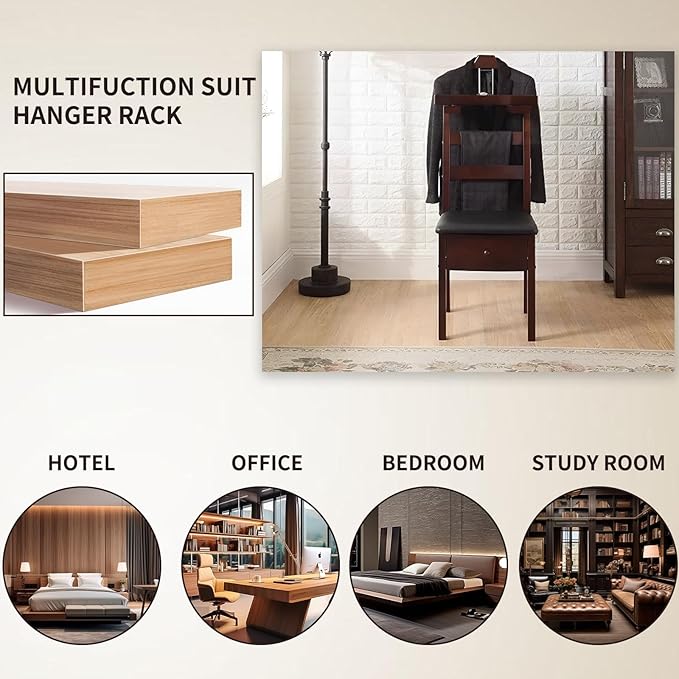 Wooden Suit Valet Stand with Drawer Suit Valet Stands for Men Freestanding Clothes Valet Stand with Trouser Bar and Tie Bar