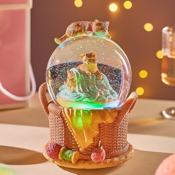 LOVE FOR YOU Gift Wrapped Music Box Cat Lovers Flower Basket Musical Snow Globe Decoration for Girls and Women Kids Niece Sister Daughter Mom Granddaughter Grandma Christmas Birthday Present