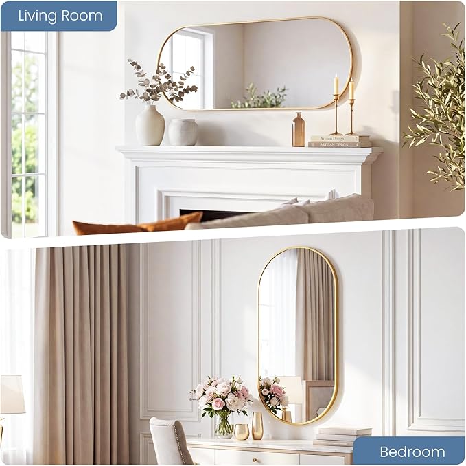Sweetcrispy 24" x 48" Gold Bathroom Mirror for Wall, Oval Wall Mirrors with Metal Frame, Tempered Glass, Modern Vanity Mirror for Over Sink, Living Room, Bedroom, Entryway, Horizontal or Vertical