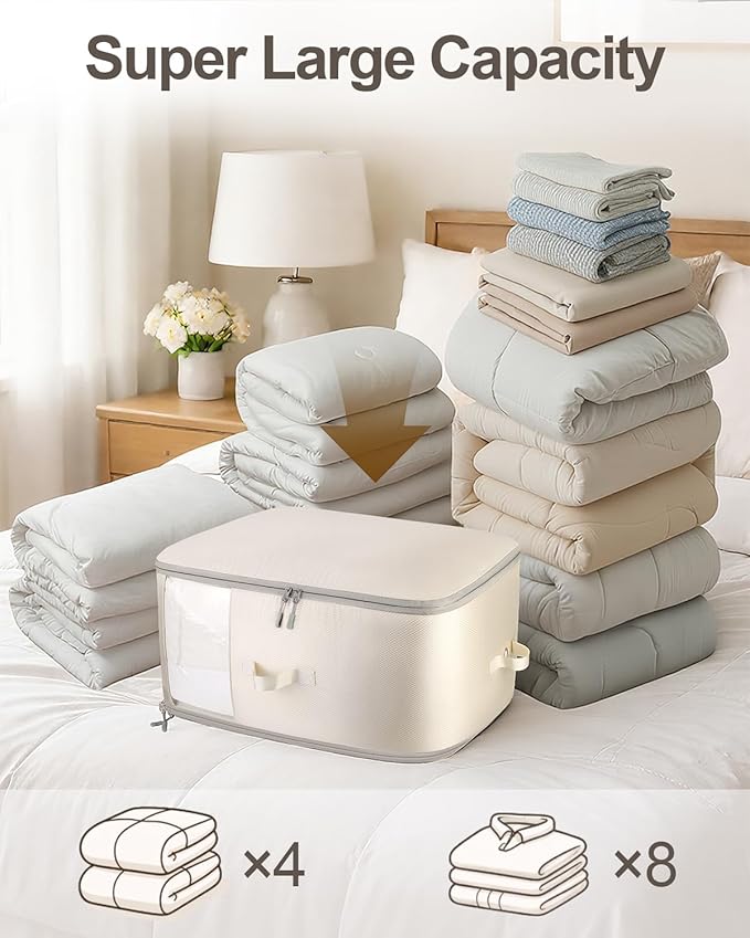 Comforter Storage Bag - 3-Layer Self Compression Organizer, 4-Pack Closet Organizers and Storage, Under Bed Space Saver, Blanket Organizer for Bedding, Pillow, Sheet, Clothes, Nursery Use