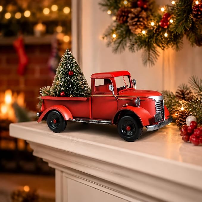 Vintage Red Metal Truck Decoration - 13 Inch Christmas Farmhouse Centerpiece, Rustic Holiday Table Decor for Home Office Mantel, Antique Pickup Collectible