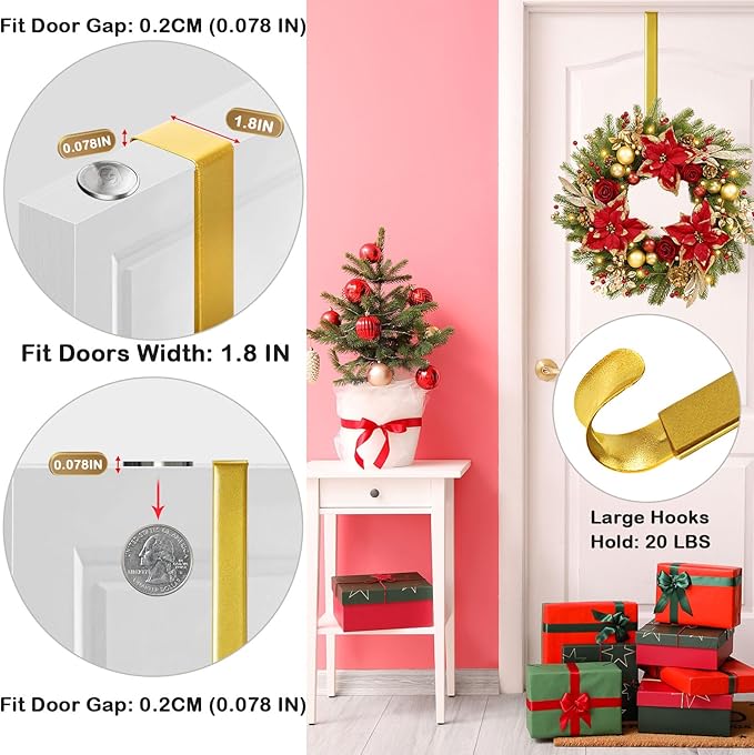 Gold Wreath Hanger, Christmas Decorations Adjustable Wreath Hangers for Front Door Adjustable from 14.9-25 Inches Over The Door Hooks Organizer Larger Hangers Festival Wreaths, Decorations Hook