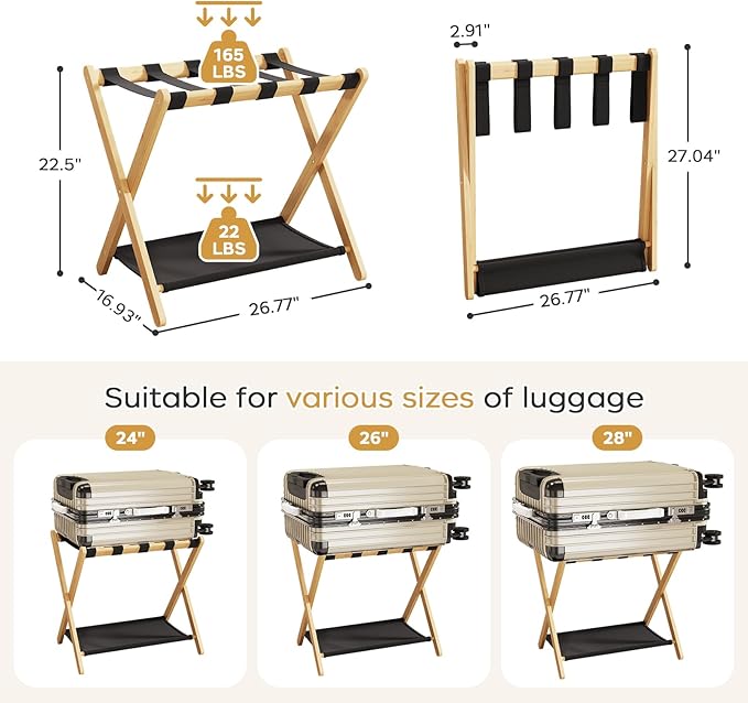 Fully Assembled Luggage Rack, 26.77" Natural Luggage Rack for Guest Room, Bamboo Folding Suitcase Stand with Fabric Storage Shelf, Heavy Duty 5 Nylon Straps Luggage Holder for Hotel, 1 Pack