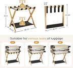 Fully Assembled Luggage Rack, 26.77" Natural Luggage Rack for Guest Room, Bamboo Folding Suitcase Stand with Fabric Storage Shelf, Heavy Duty 5 Nylon Straps Luggage Holder for Hotel, 1 Pack