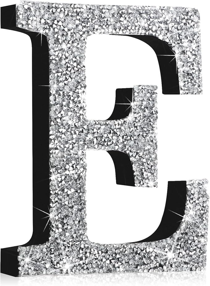 Qunclay 8'' Silver Crystal Diamond Bling Letters Crushed Diamond Decoration Wooden Glitter Letter with Screw and Hooks Rhinestone Gift for Wedding Y2k Mcbling Bedroom Wall Decor (Letter E)