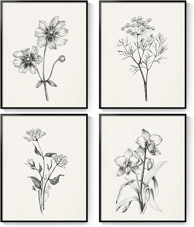 Framed Black and White Floral Wall Art for Living Room, 4 Piece Vintage Botanical Canvas Painting Prints Artwork for Walls, Rustic Minimalist Flower Pictures for Bedroom Hallway Kitchen Wall Decor