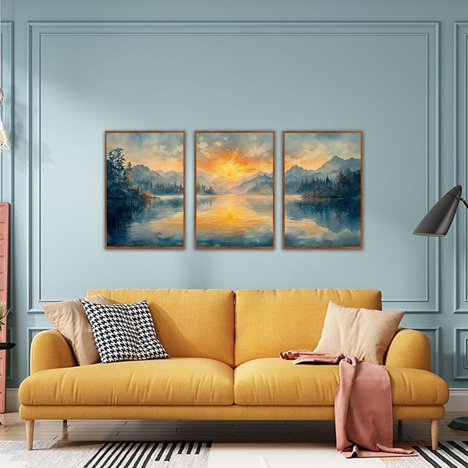 KAlRNE Landscape Wall Art Set of 3(24”X36”),Abstract Nature Wall Decor,Blue Forests Lake Canvas Paintings,Framed Watercolor Sunset Mountains Prints For Living Room Bedroom Office Decoration