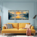 KAlRNE Landscape Wall Art Set of 3(24”X36”),Abstract Nature Wall Decor,Blue Forests Lake Canvas Paintings,Framed Watercolor Sunset Mountains Prints For Living Room Bedroom Office Decoration