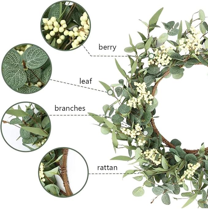 20 Inch Summer Wreaths for Front Door, Artificial Daisy Wildflower Lavender Front Door Wreath Spring,Green Eucalyptus Wreath for Window Wall Farmhouse Home Decor Porch Outdoor