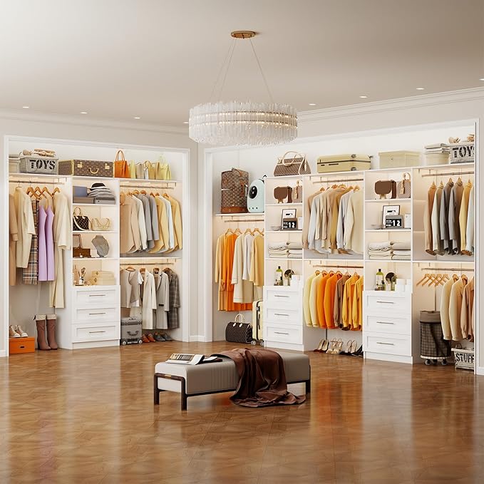 Closet System with 9 Drawers, 11.5-18FT Closet Organizer System with Cuttable Shelves for Walk in Closet with 9 Expandable Hanging Rods, Heavy Duty Built-in Closet for Bedroom, White(3 Sets)
