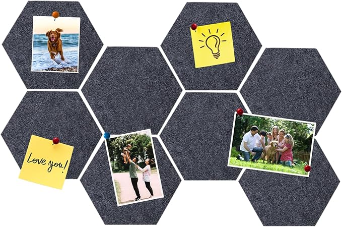 8 Pcs Hexagon Felt Cork Bulletin Board Tiles, Self Adhesive DIY Bulletin Board Pin Board for Office School Home Wall Decor Memos Photos Display(Deep Grey)