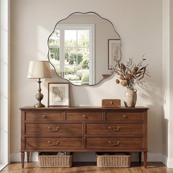ANDY STAR Brushed Nickel Round Bathroom Mirror, 36 Inch Round Circle Mirror in Stainless Steel Metal Frame, Large Silver Vanity Frame with Unique Wavy Design