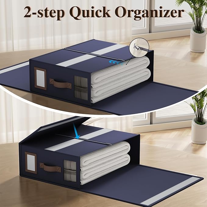 4 Pack Foldable Bed Sheets Set Organizers and Storage(King & Queen Size),Linen Fabric Closet Organizers with Window,Folding Bedding Storage Box for Bedsheets and Pillow Cube Organizer-Blue