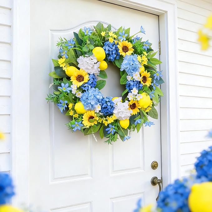 24in Spring Summer Wreaths for Front Door, Artificial Sunflower Lemon Wreath with Blue Hydrangeas, Luxury Colorful Floral Wreath for Indoor Outdoor Farmhouse Home Wall Porch Window Summer Wreath