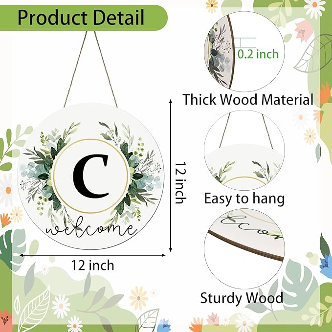 Monogram Letter C Wreaths for Front Door Wreath Wooden Welcome Sign for Front Door Decor Floral Family Last Name Initial House Warming Spring Summer Porch Rustic Wall Home Kitchen Boho Decorations