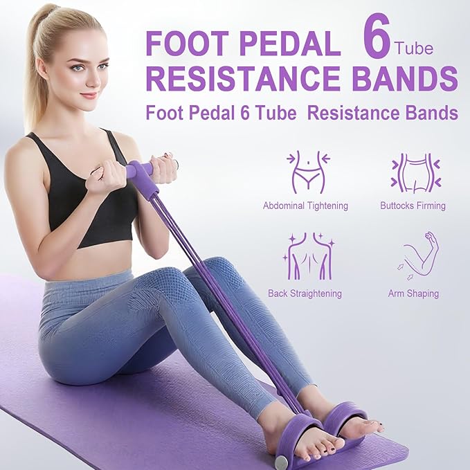 Pedal Resistance Bands with Handles, Upgrade 6-Tubes Manual Tension Training Pedal, Natural Rubber Multifunction Fitness Bands for Abdomen/Waist/Arm/Leg Stretching Slimming Training (Purple)