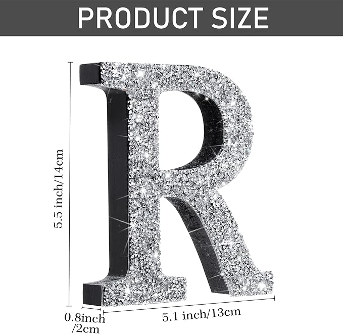 Qunclay 5.7" Silver Crystal Diamond Bling Letters Crushed Diamond Decoration Wooden Glitter Letter with Screw and Hooks Rhinestone Gift for Wedding Y2k Mcbling Bedroom Wall Decor (Letter R)