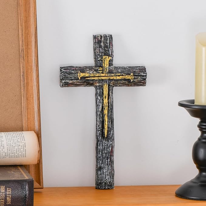 NCPLYGOU Crucifix Wall Cross, Catholic Cross for Wall with Metal Hook, Layered Wood Like Resin Crosses Wall Decor for Church Office Home Baptism, Jesus Wall Art Christian Gifts, Father's Day
