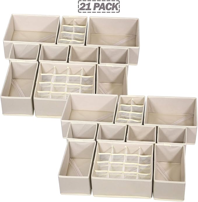 21 Pack Foldable Drawer Organizer Dividers Cloth Storage Box Closet Dresser Organizer Cube Fabric Containers Basket Bins for Underwear Bras Socks Panties Lingeries Nursery Baby Clothes Beige