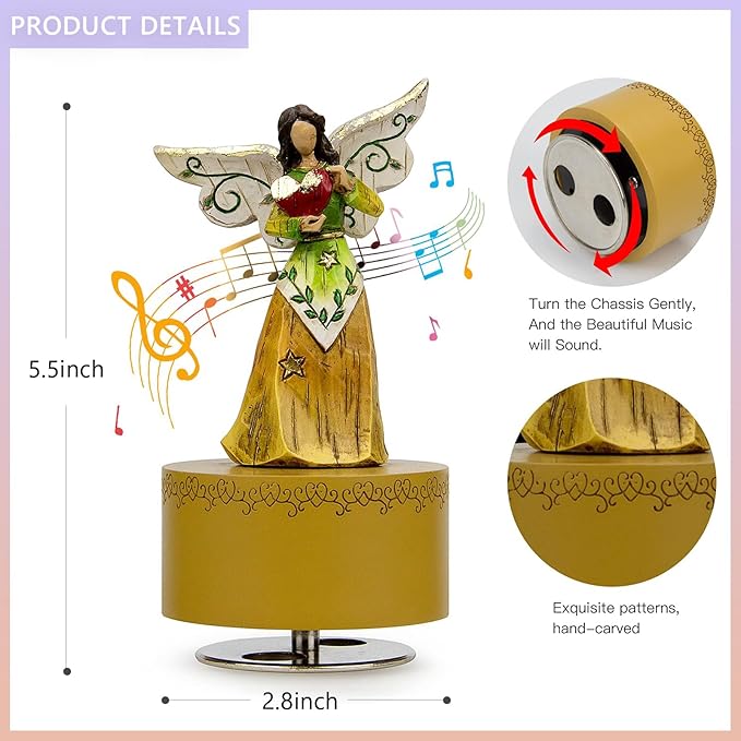 Music Box, Guardian Angel Musical Box Figurine Holding Heart, Sculpted Hand-Painted Music Boxes Figures Wind Up Angel Musical Boxes for Women Girls in Christmas Birthday Anniversary