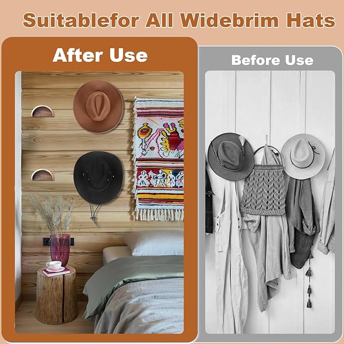 Cowboy Hat Rack for Wall,2 Pack Wooden Hat Holder,with Satin Finish Hat Hooks,Non-Damage Brim Design Can Keeps Original Shape of Hat, for Western Hat Organizer (Walnut Wood)