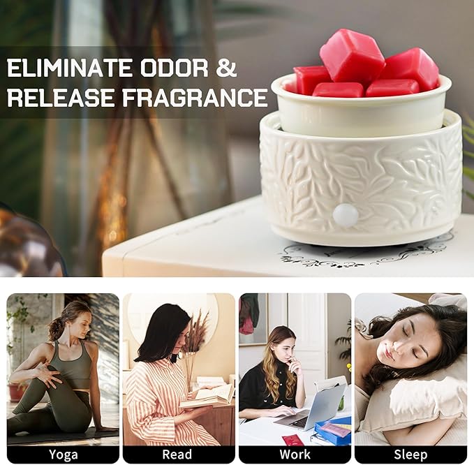 Ceramic Wax Melt Warmer with Timer & Silicone Liner, 3-in-1 Electric Scented Wax Burner for Home Aromatherapy, Fast Melting Fragrance Warmer for Essential Oils & Jar Candles Flame for Women