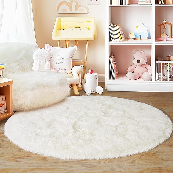 3'x3' Cream Round Rugs for Girls Bedroom, Ultra Soft Fluffy Circle Rug for Kids Room, Cute Small Shag Rugs for Living Room Playroom Tent Castle Home Decor Rug