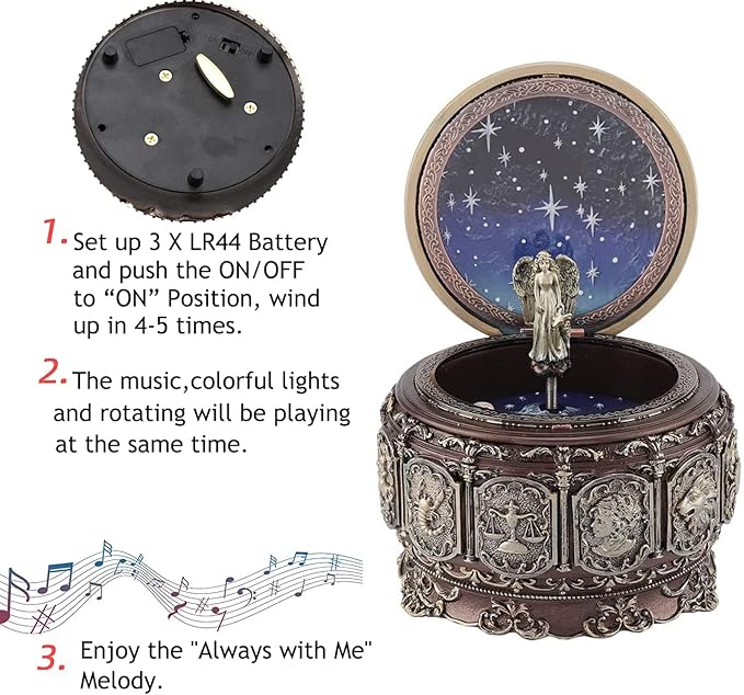Vintage Music Box Constellation Style Plays Always with Me Tune, Goddess Rotating Musical Box Sankyo 18-Note Wind Up Hand-Painted Collectible Zodiac Gift for Christmas Birthday