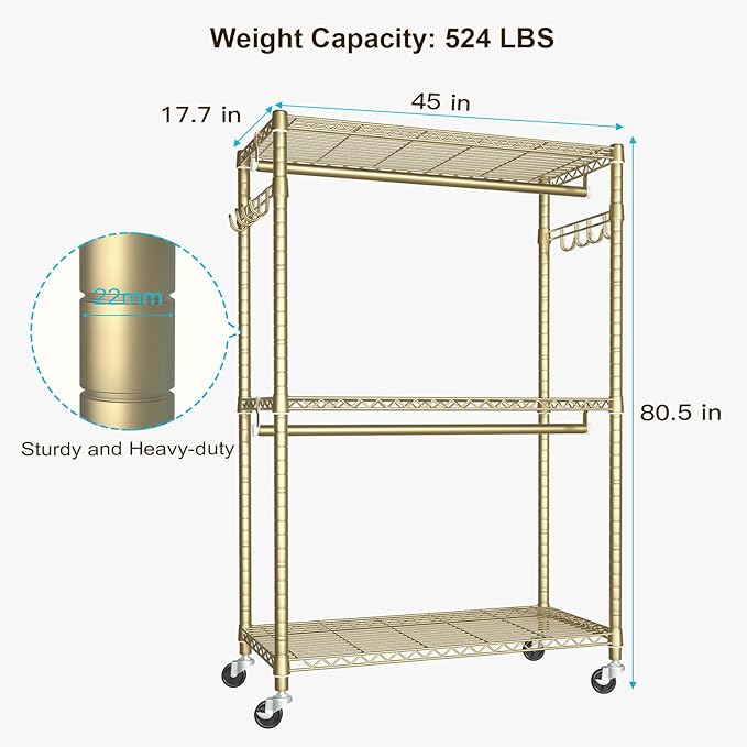 FUTASSI P1 Plus Rolling Clothes Rack, 22mm Diameter Heavy Duty Garment Rack with Wheels, Portable Closets with Shelves and Hanger Rods, 45" W x 17.7" D x 80.5" H, Load 524 LBS, Gold