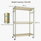 FUTASSI P1 Plus Rolling Clothes Rack, 22mm Diameter Heavy Duty Garment Rack with Wheels, Portable Closets with Shelves and Hanger Rods, 45" W x 17.7" D x 80.5" H, Load 524 LBS, Gold