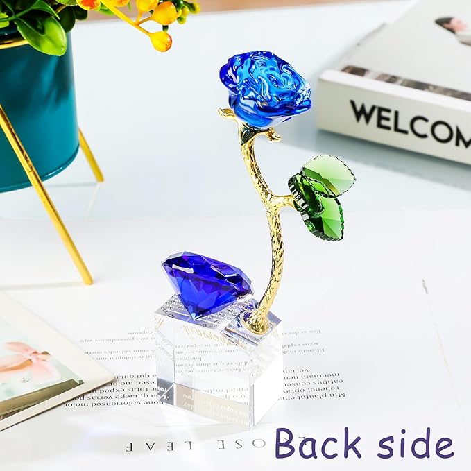 YWHL 45th Wedding Anniversary Rose Gifts for Parents, 45 Years Happy Anniversary Sapphire Gift for Couples, Romantic Sapphire Wedding Keepsake for Wife Her, Crystal Rose Figurine with Blue Diamond