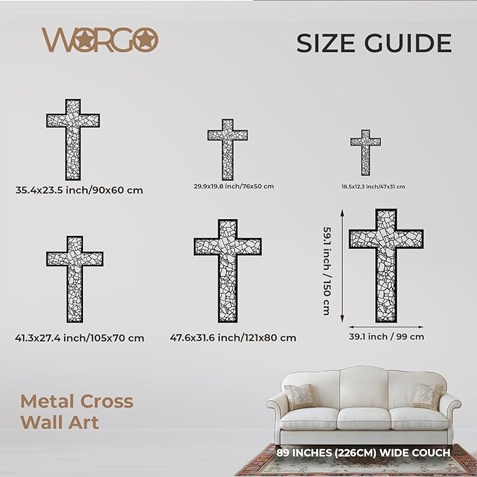 WORGO White Metal Cross Wall Decor Iron Christian Cross for Home Church, Hollow Out Artistic Hanging Ornament, Crosses Wall Decor for Living Room, Bedroom, Decorative Thankful Religious Gift 35.4x23.5 inch
