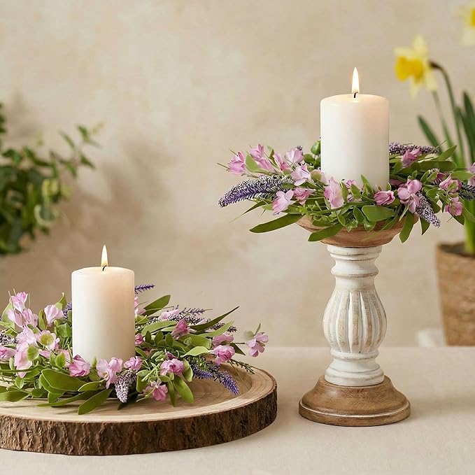 6 PCS 9'' Mini Pink Forsythia Lavender Wreath for Front Door Small Spring Kitchen Cabinet Wreaths with Burlap Ribbon Hanging Farmhouse Wreaths Artificial Greenery Wreath for Porch Wall Window Decor